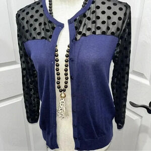August Silk Navy blue and sheer black polka dot lace button front cardigan